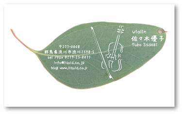 バイオリン名刺 ユーカリの葉に白いバイオリンのイラストと文字を白抜きで ユーカリの葉の優しい緑と手書き風文字の優しさが印象的